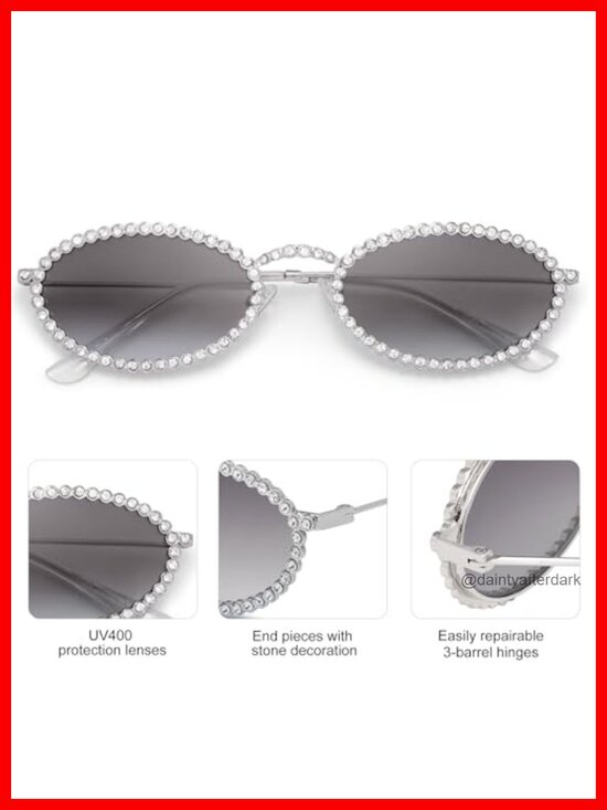 Retro Oval Rhinestone Sunglasses UV400 Metal Frame main image 5